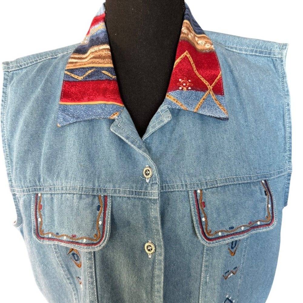 Vintage 90s Southwestern Denim Vest Boho Festival Western Embroidered Crop Med - Picture 3 of 7